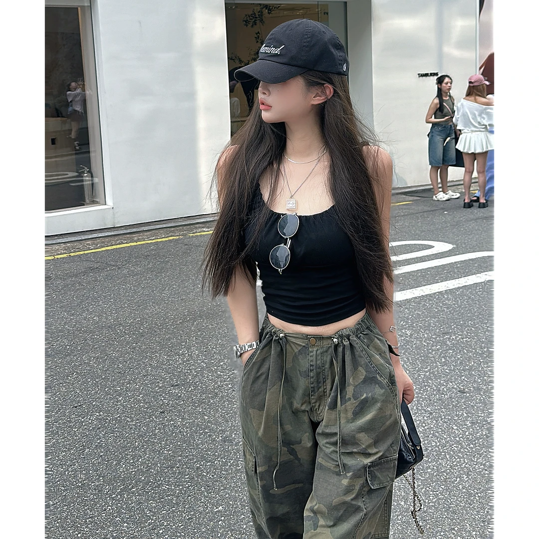 21DEGREES【美式街头】黑色褶皱背心迷彩复古抽绳工装裤