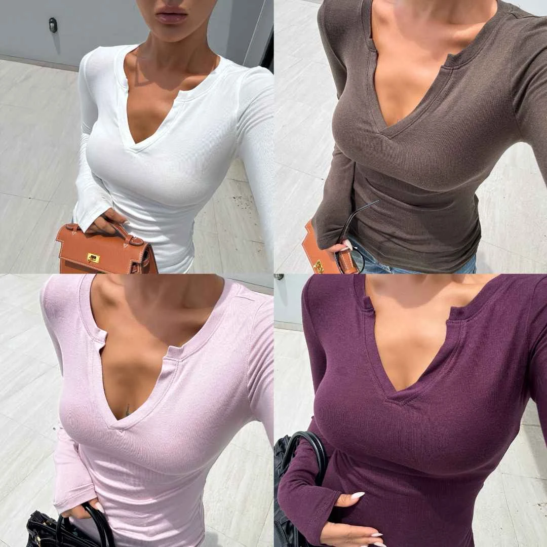 醋酸纤维修身V领长袖T恤女秋冬内搭打底衫  上衣