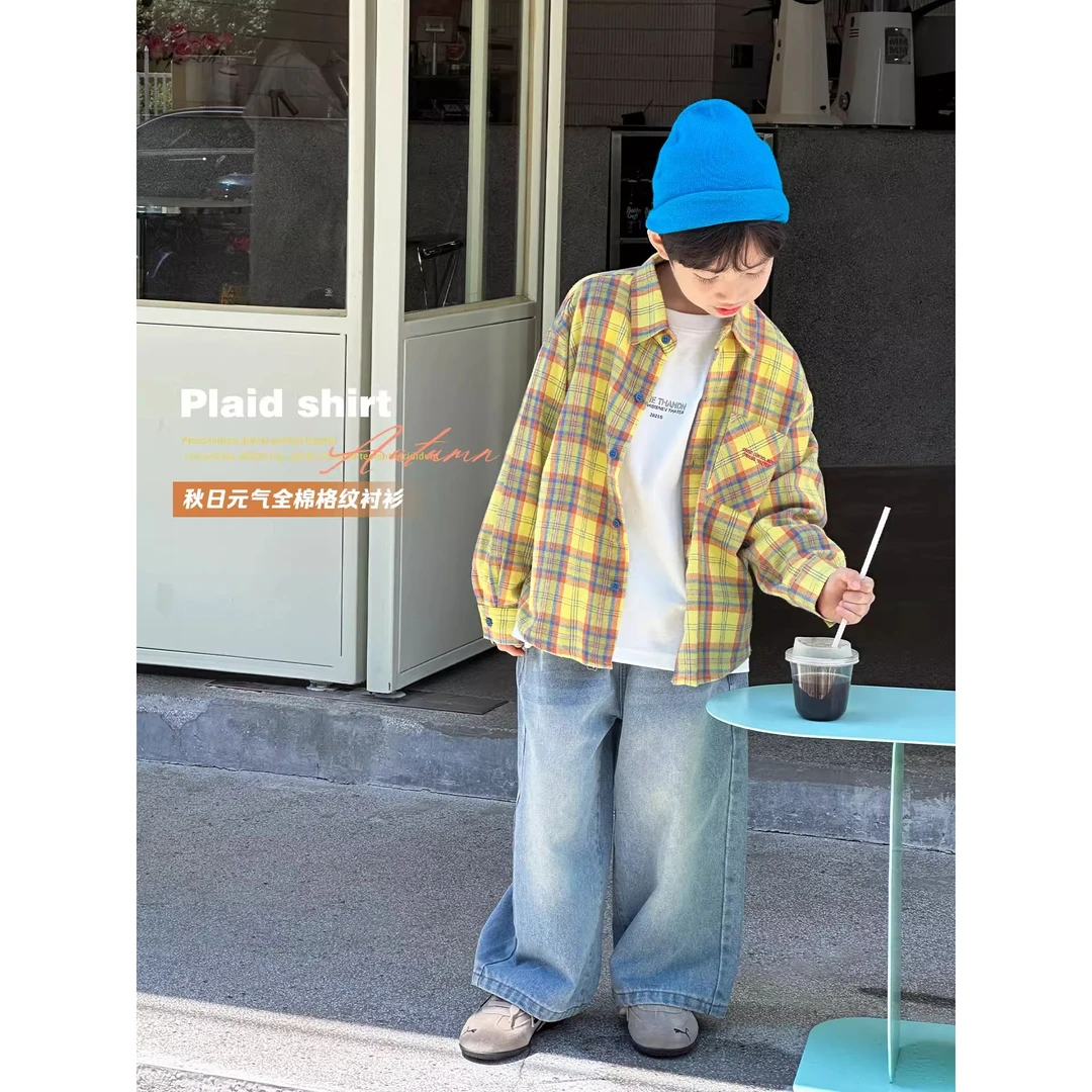 FAVMARTHA儿童衬衣男童格子衬衫春秋装2025新款秋季中大童宽松薄