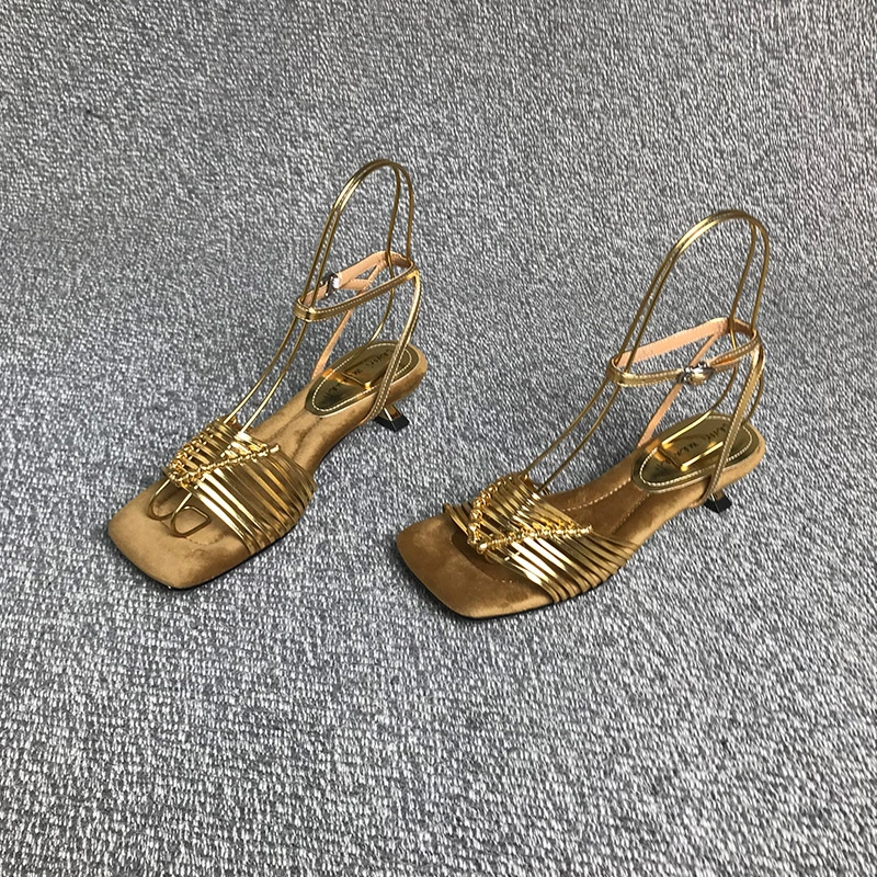 露涵思 手工编织细条一字方头粗跟罗马凉鞋波西米亚风配裙子女鞋