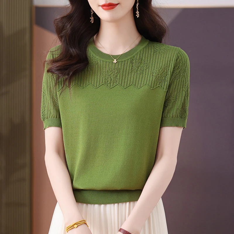 冰丝短袖t恤女2025新款中年妈妈夏装时尚洋气薄款针织衫短款上衣