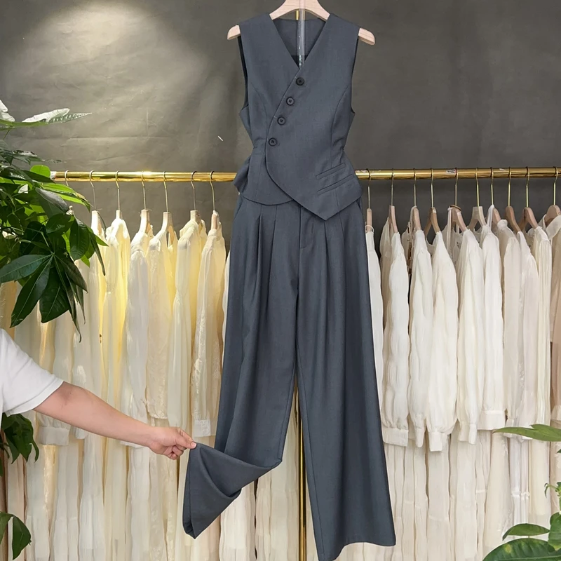 X9009 夏季新款时尚气质显瘦马甲阔腿裤套装