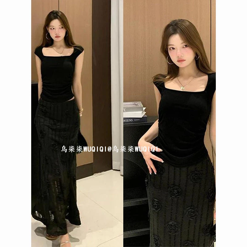 2025夏季新款女法式气质修身方领无袖上衣百搭高腰花朵鱼尾半身裙