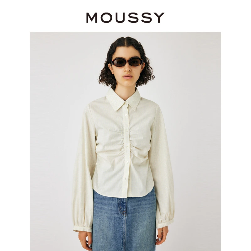 MOUSSY 甜美日系休闲格纹胺翻领抽褶衬衫女010GAS30-6730