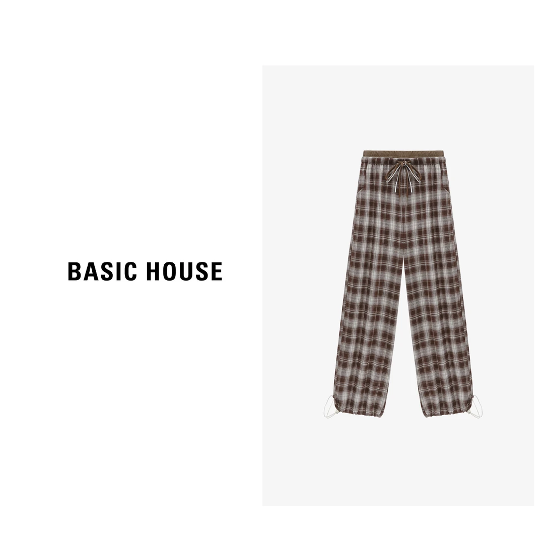 Basic House/百家好慵懒风直筒格纹宽松复古梭织长裤-B0625B5KVA2