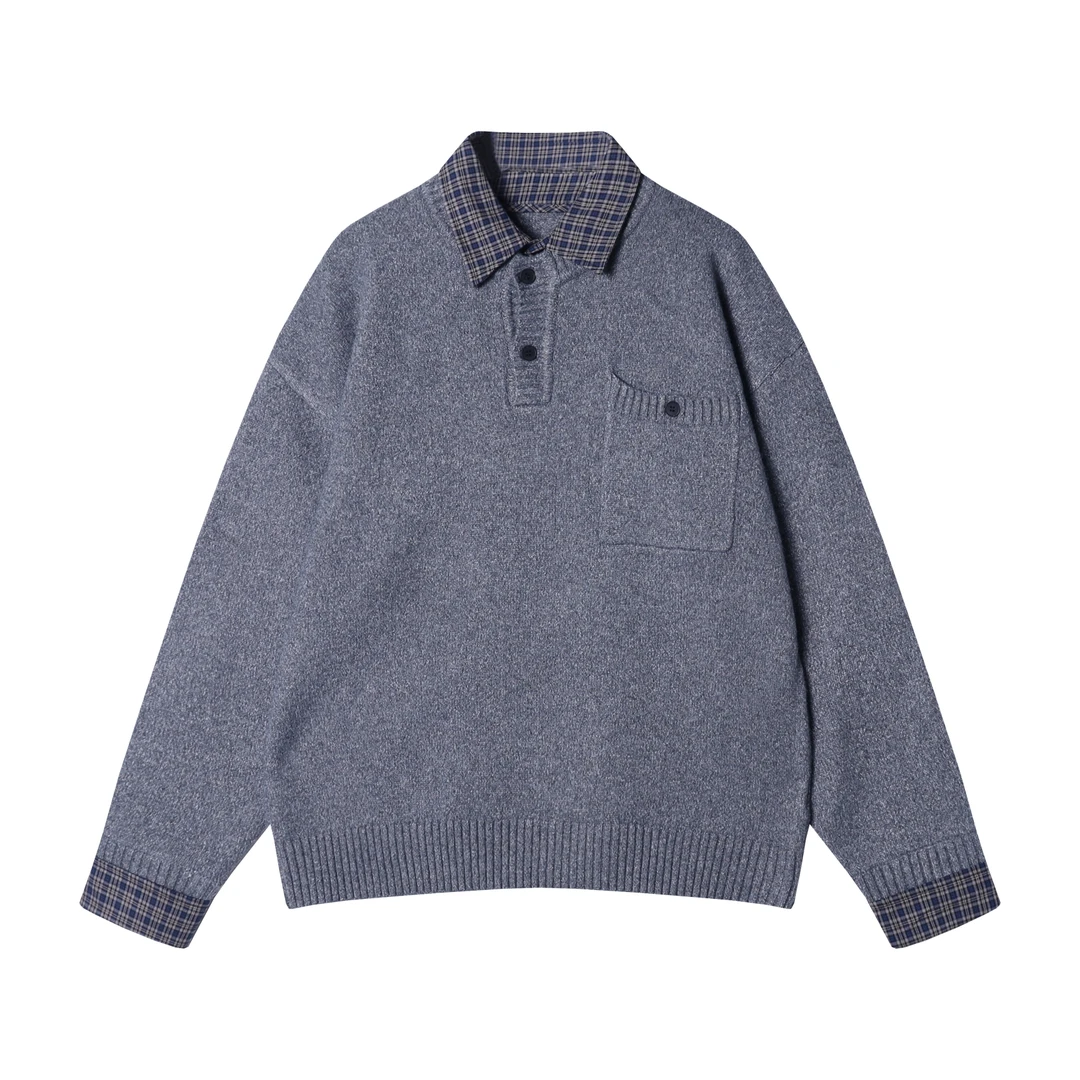 秋冬季新款时尚个性韩版半纽扣拼接衬衫翻领假两件毛衣百搭简约潮