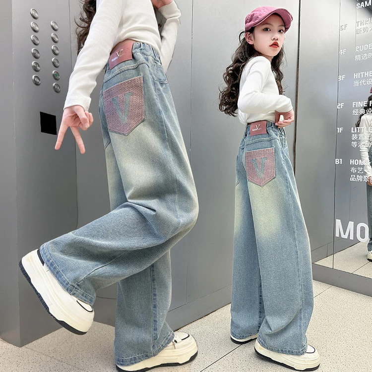 女童牛仔裤秋款2025新款女大童秋装休闲直筒裤儿童秋款薄阔腿裤子