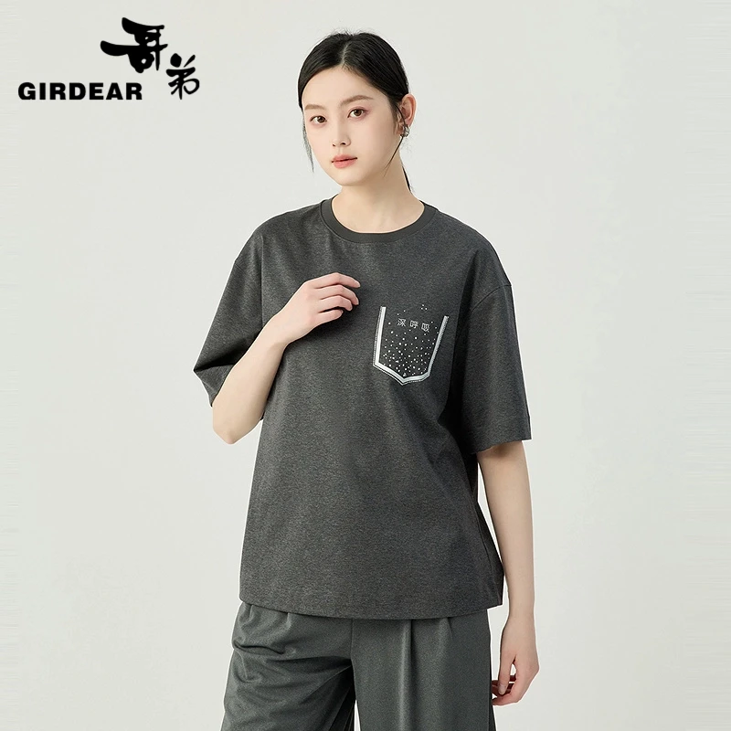 GIRDEAR/哥弟百搭显瘦休闲圆领特色印花宽松短袖纯棉T恤1300902