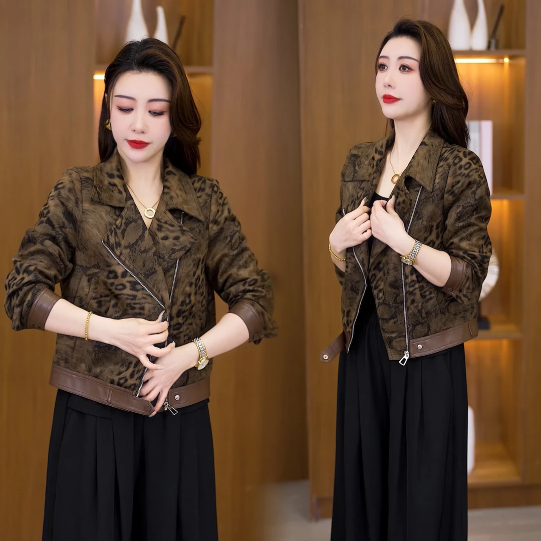 时尚豹纹短款外套女2025春秋新款洋气显瘦小个子百搭休闲夹克上衣