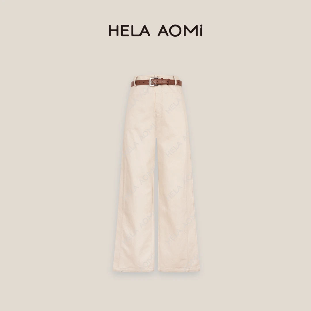 HELAAOMI“腰带原牛”100%棉时尚窄版直筒阔腿牛仔长裤