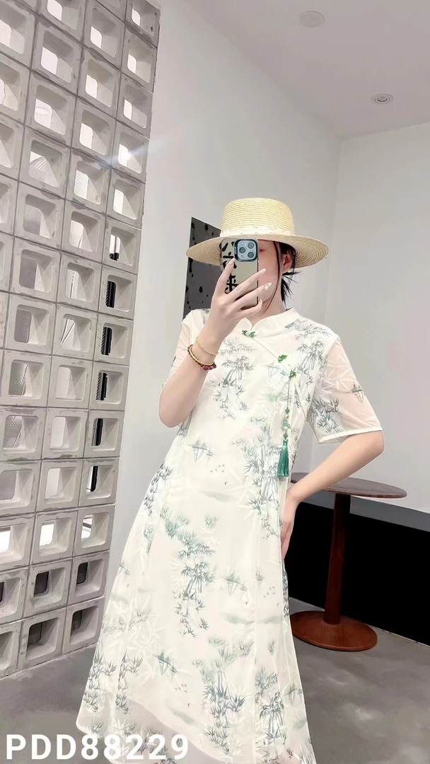 【晴儿家】新中式大码国风碎花旗袍裙短袖显瘦连衣裙8363