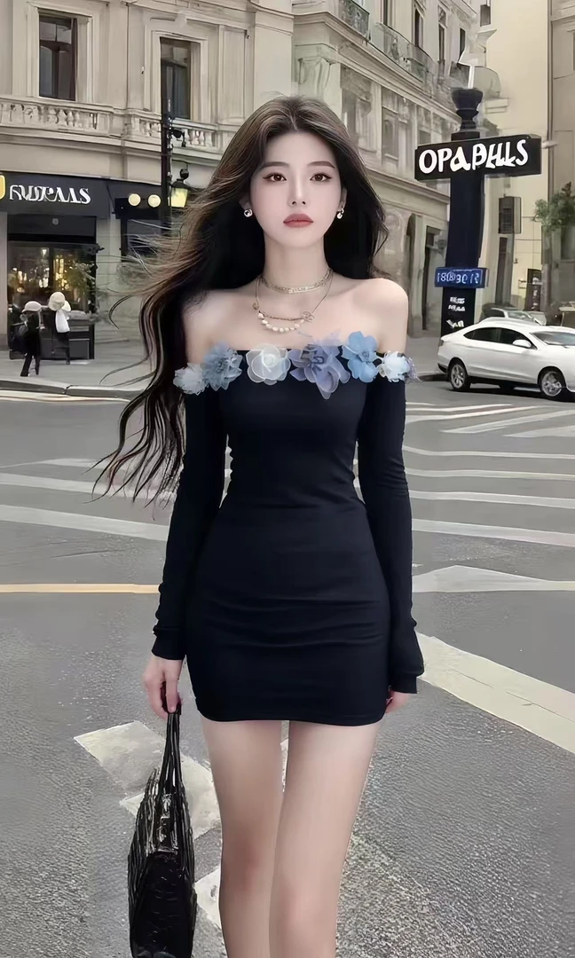 纯欲辣妹风氛围感时尚黑色一字肩露肩修身长袖收腰包臀连衣裙女