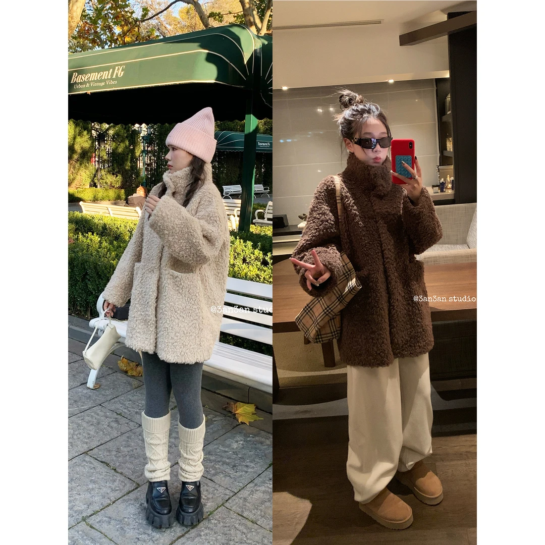 3AN3AN【都灵棕雪】羊羔毛皮毛一体慵懒风环保皮草3AN4251