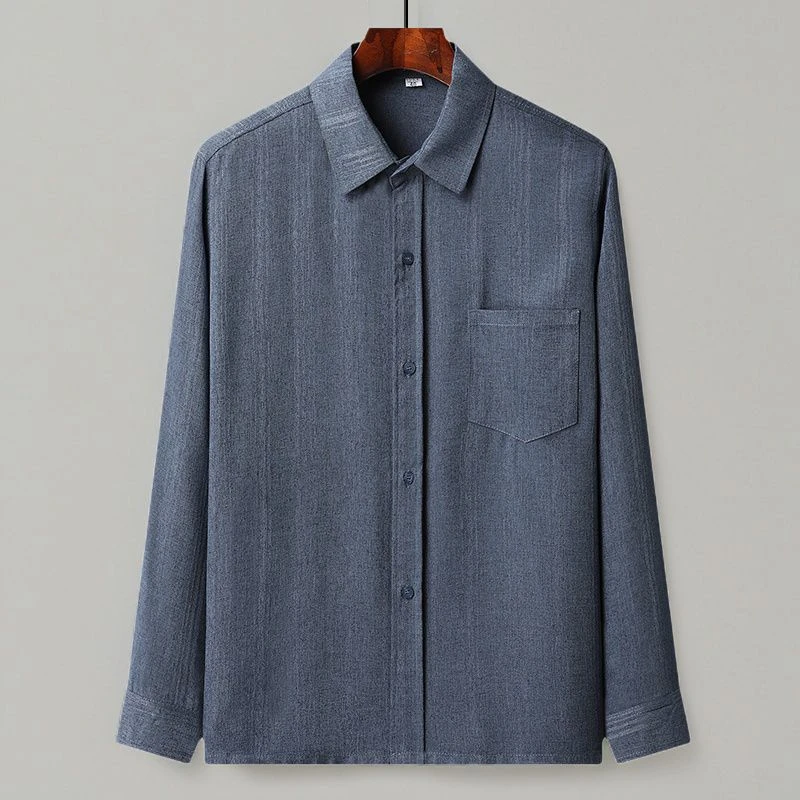中老年男士长袖衬衫春夏季薄款宽松纯色衬衣老年人爷爷大码爸爸装