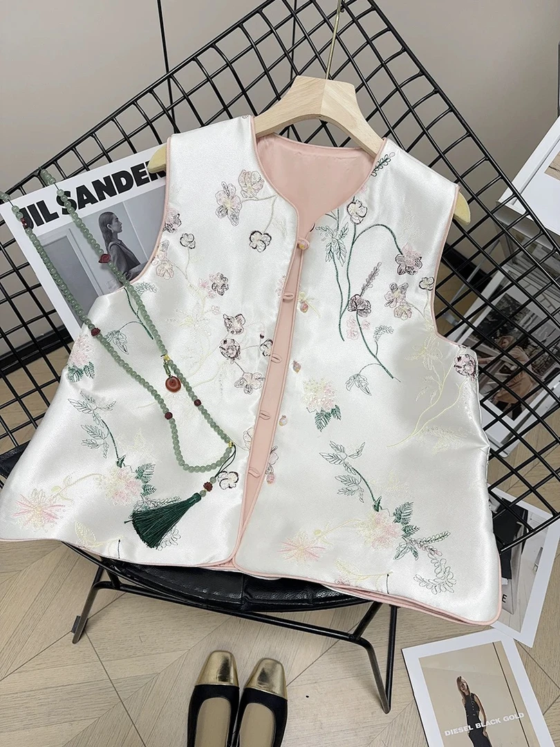 【欢喜】新中式国风刺绣圆领马夹外套女2025春季新款缎面马甲两面穿