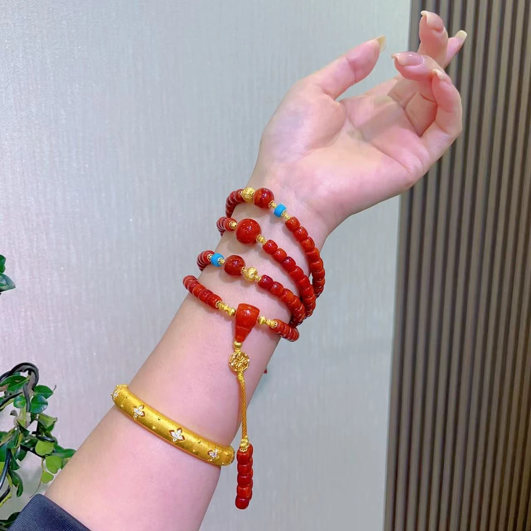 南红配金·中式美学的极致浪漫 必入高货！南红火焰纹108 高阶级