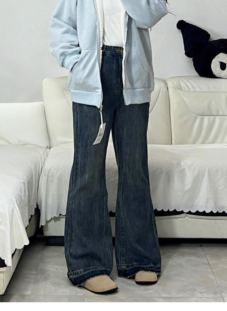 特大码300斤胖mm复古水洗做旧微喇牛仔裤女宽松显瘦直筒拖地裤