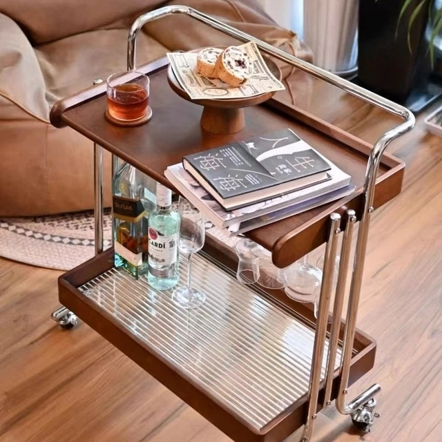 中古移动不锈钢小推车沙发客厅复古实木收纳茶几置物架家用餐车
