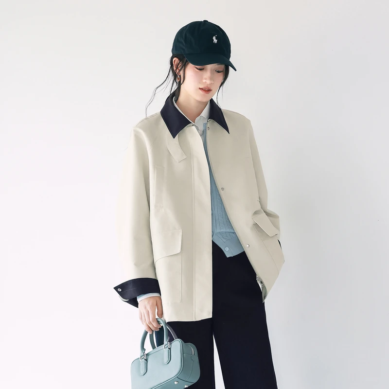 伊芙丽撞色日系短款风衣女装25秋季韩版简约设计感外套1G2960261