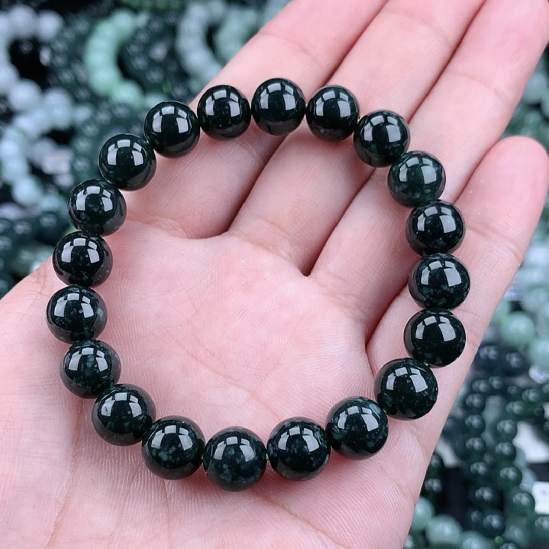 正品天然翡翠A货10m冰透墨绿蓝水雪花翡翠手串时尚男女同款玉手串