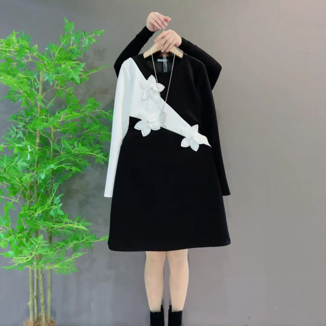 2058法式大码气质收腰显瘦立体花朵中长款连衣裙洋气时尚