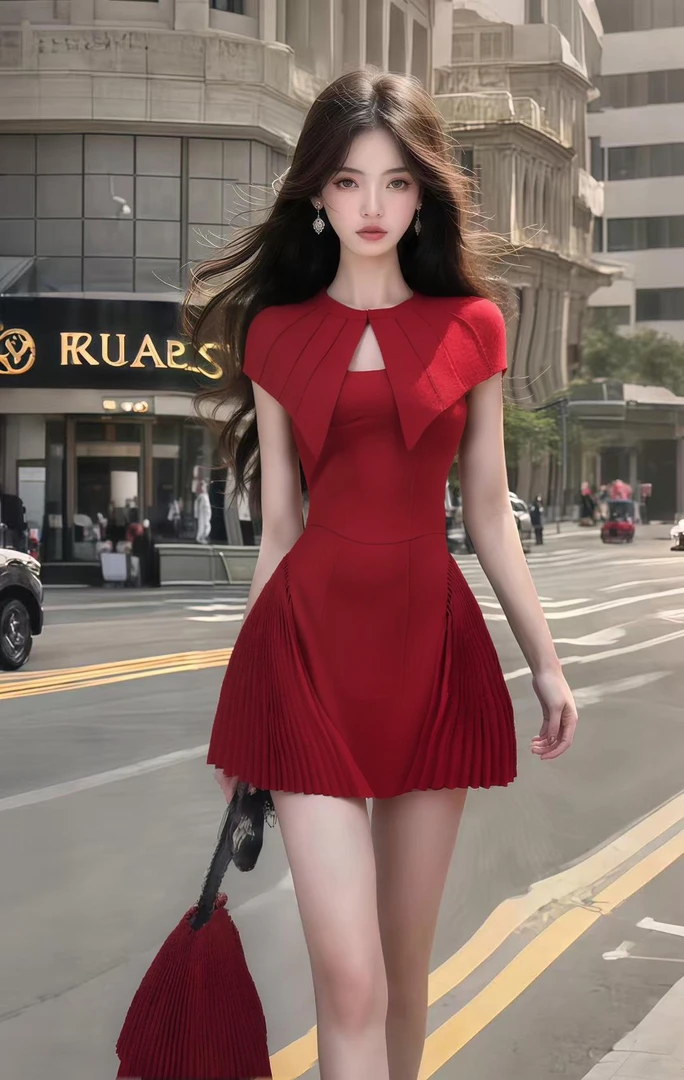 2025夏季新款轻奢优雅红色圆领收腰连衣裙女小众设计高级氛围感