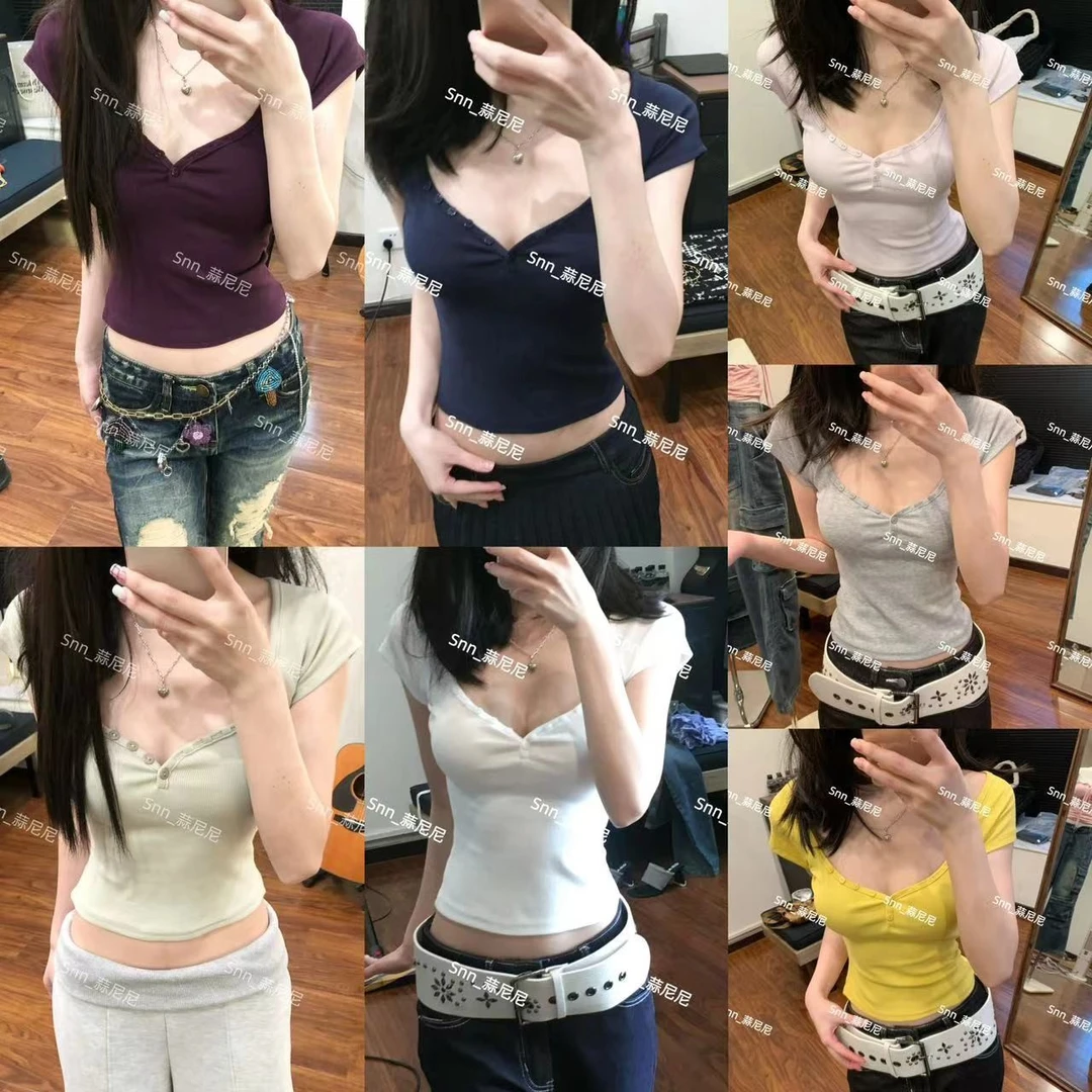 七纯欲甜菜基础百搭版型超正辣妹桃心领短袖T0281