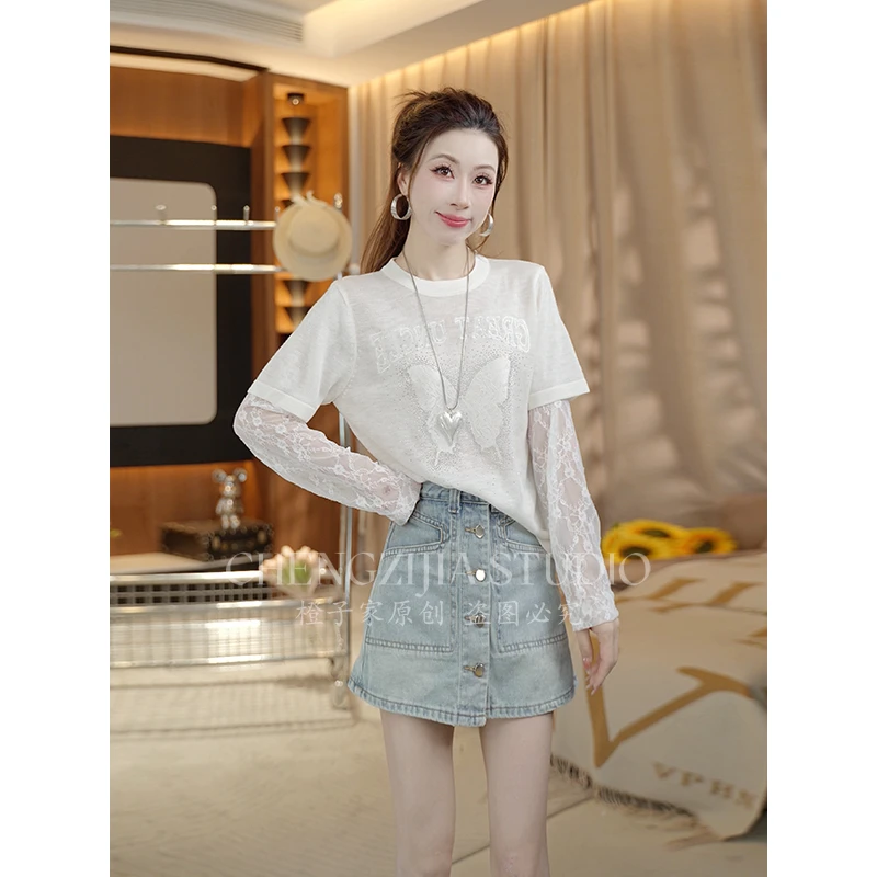 【裴诗婷】橙子·studio 【】TX00221蝴蝶长袖假两件拼接T恤08