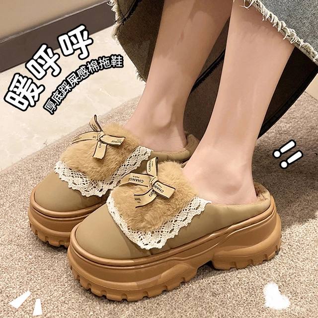 厚底高跟棉拖鞋女外穿时尚公主风PU防水拖鞋冬季加绒保暖居家增高