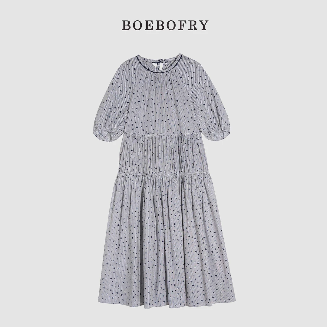 BOEBOFRY<雾蓝絮语>100%棉圆领休闲宽松减龄碎花连衣裙BE2L0839