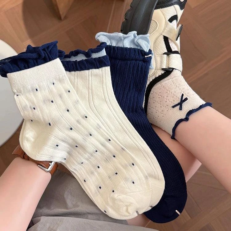 蝴蝶结袜子女春夏薄款中筒网眼透气夏季花边木耳边日系配凉鞋白LQ