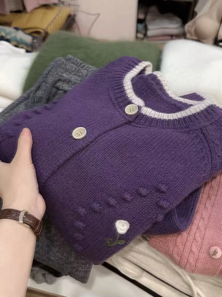 七言家巨好看！ #木槿紫刺绣郁金香软糯毛衣开衫035