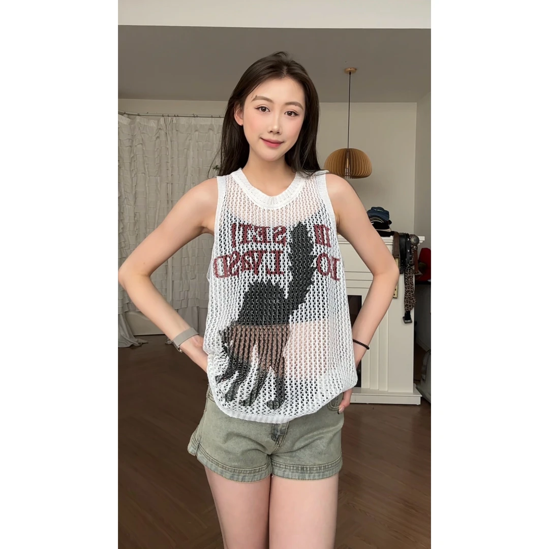 【饭困了】美式辣妹正肩修身圆领无袖炸毛小猫印花镂空夏季短款T恤