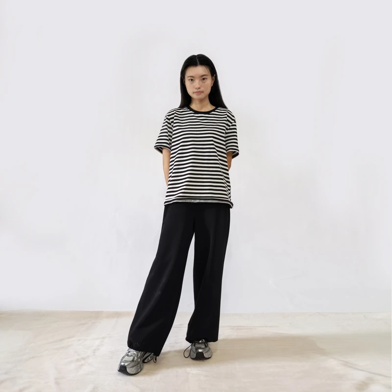 宽松撞色条纹圆领短袖T恤女夏季休闲百搭正肩显瘦洋气针织棉上衣