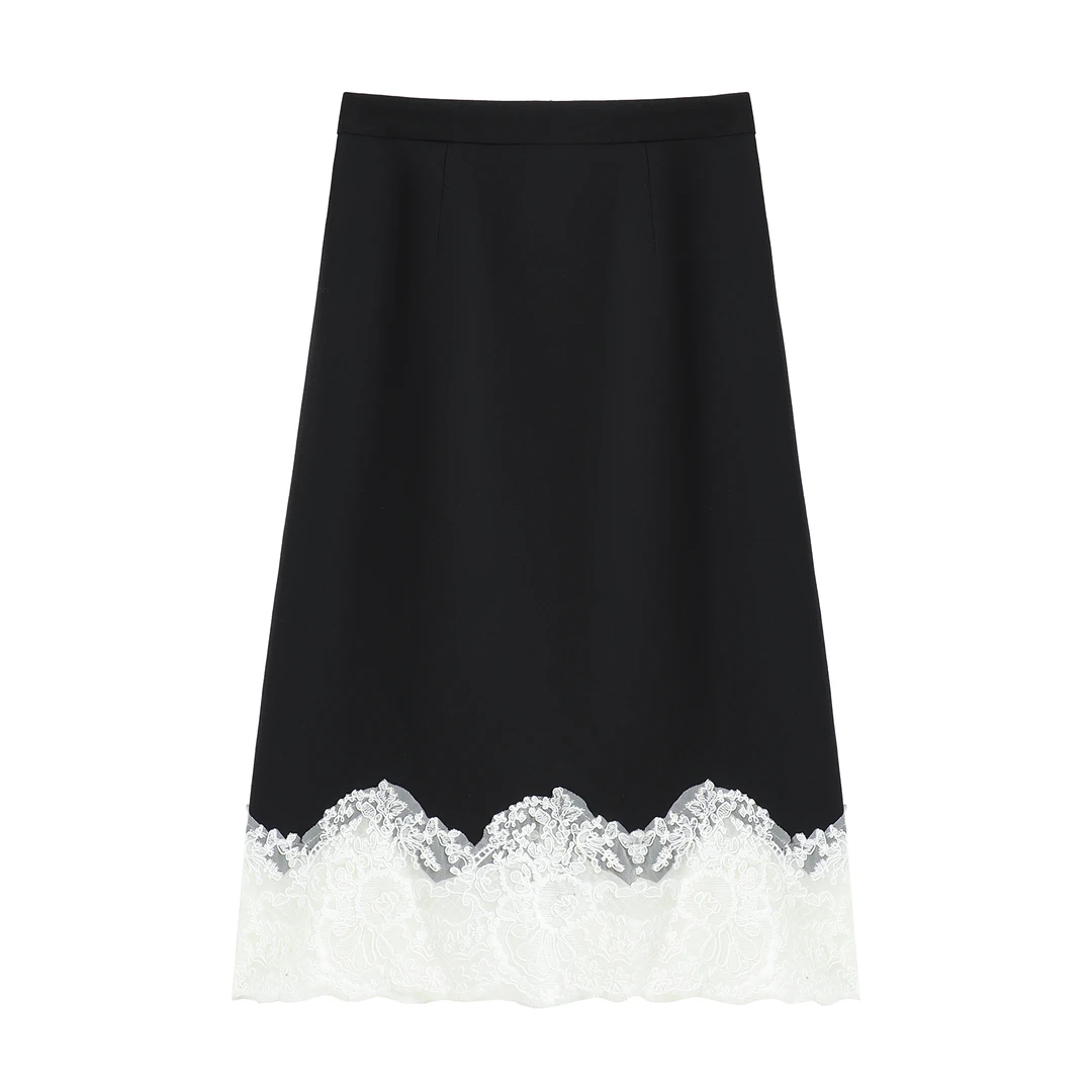【南油虹姐】黑色优雅半身裙精致白色蕾丝拼接勾勒柔美裙摆线条