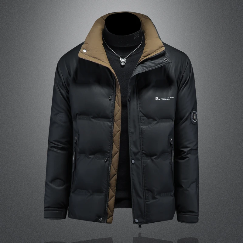 约文库费男士立领拼色羽绒服男款冬季字母压印白鸭绒休闲保暖外套