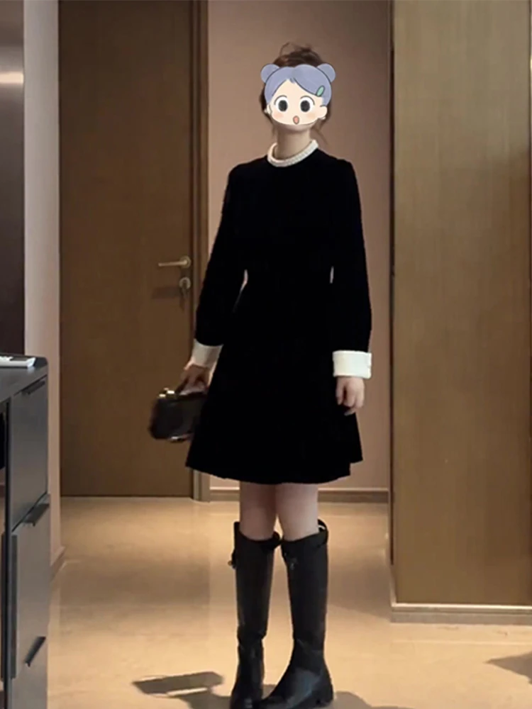 大码黑色圆领连衣裙秋季2025新款女装名媛时尚气质显瘦收腰中长裙