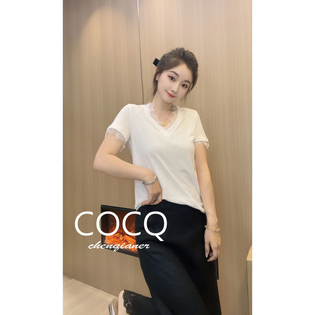 【COCQ】气质v领睫毛蕾丝边拼接上衣设计感百搭