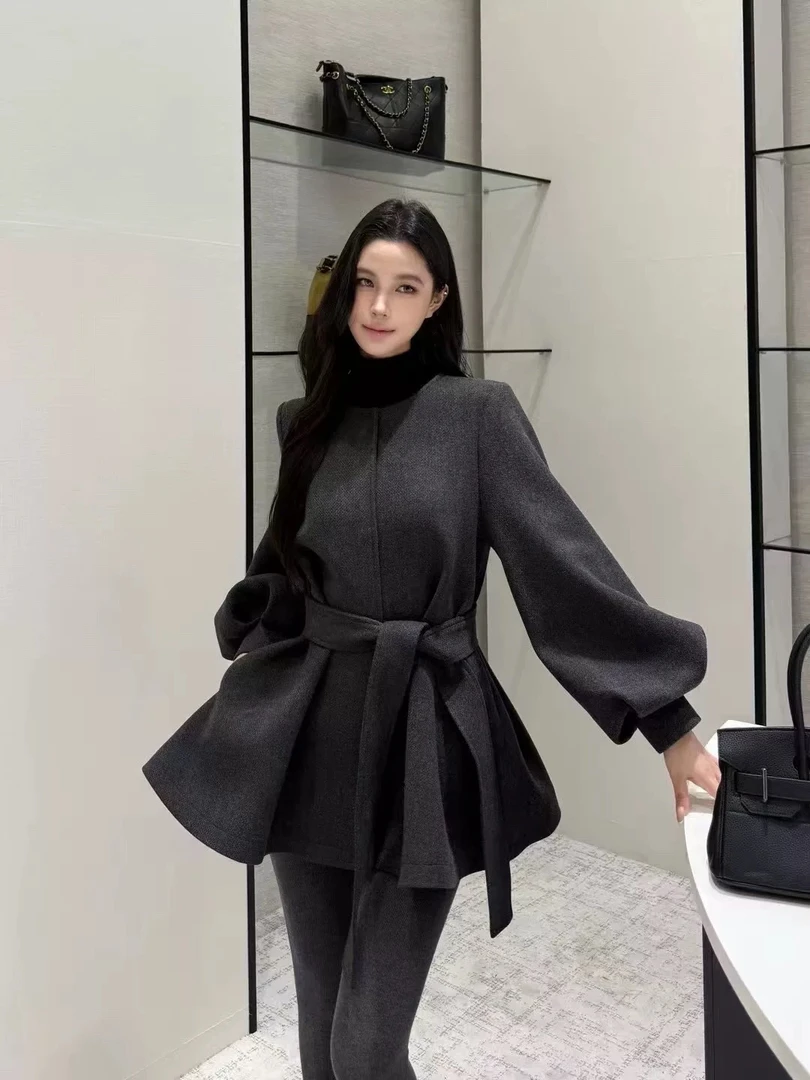 望野集WIdset秋冬灯笼袖拼接毛呢显瘦外套韩版加棉外套气质11173#