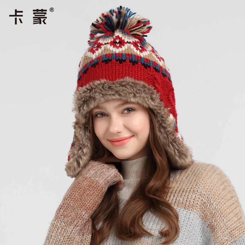 kenmont/卡蒙时尚保暖帽加厚护耳帽防风秋冬女费尔岛针织提花帽