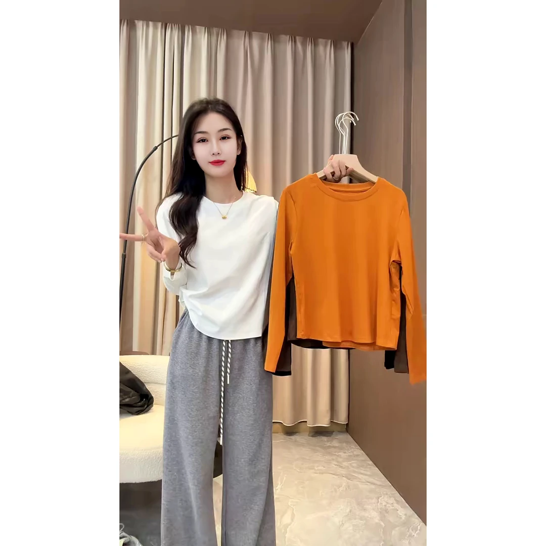 欧洲站休闲宽松百搭纯色正肩圆领长袖T恤