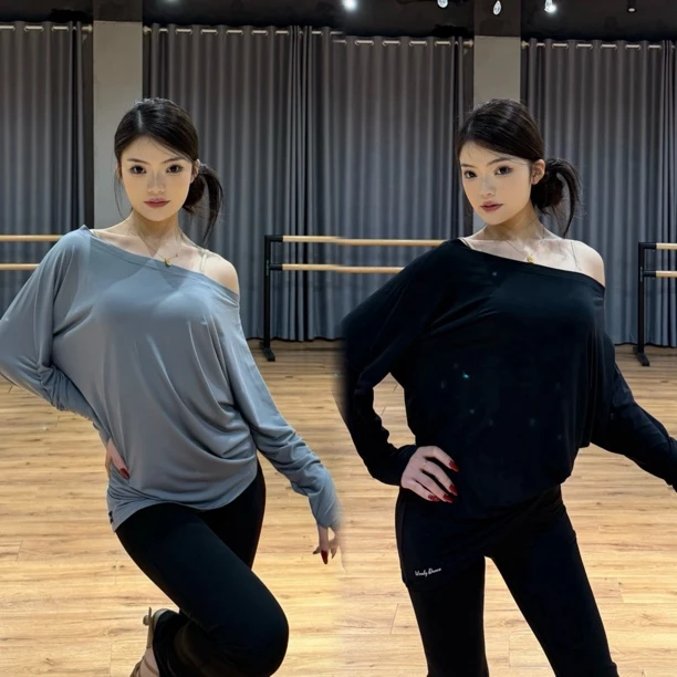 Wendy拉丁舞服成人女长袖斜肩罩衫灰黑色上衣连指扣练舞教课表演