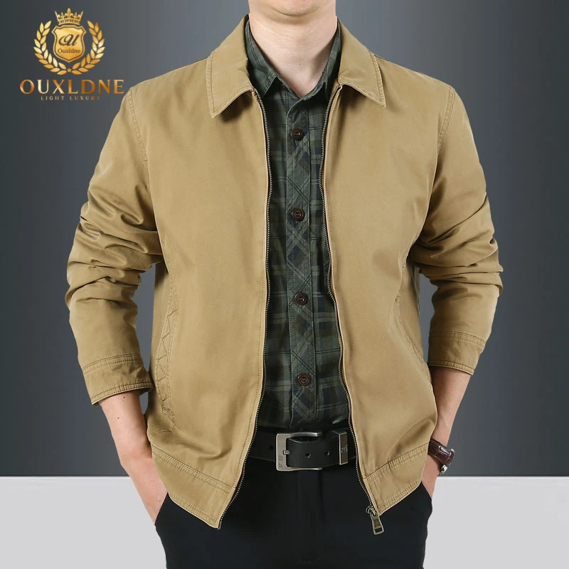 OUXLDNE 纯棉夹克男士休闲宽松大码翻领工装外套秋冬新款商务男装