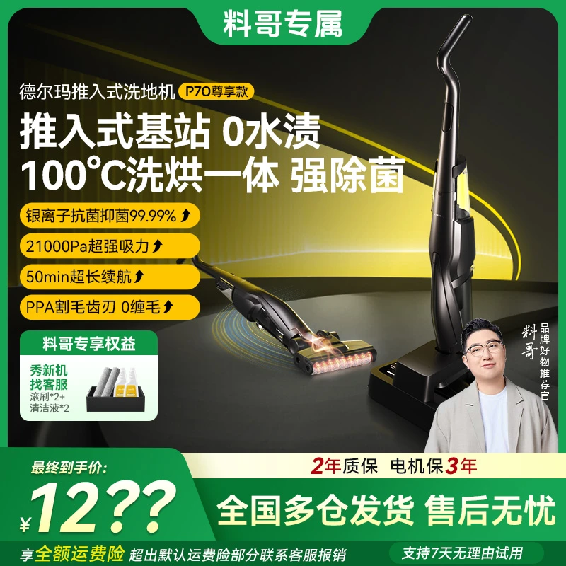 【料哥专属】德尔玛P70洗地机推入式大吸力0缠毛躺平除菌防水吸尘