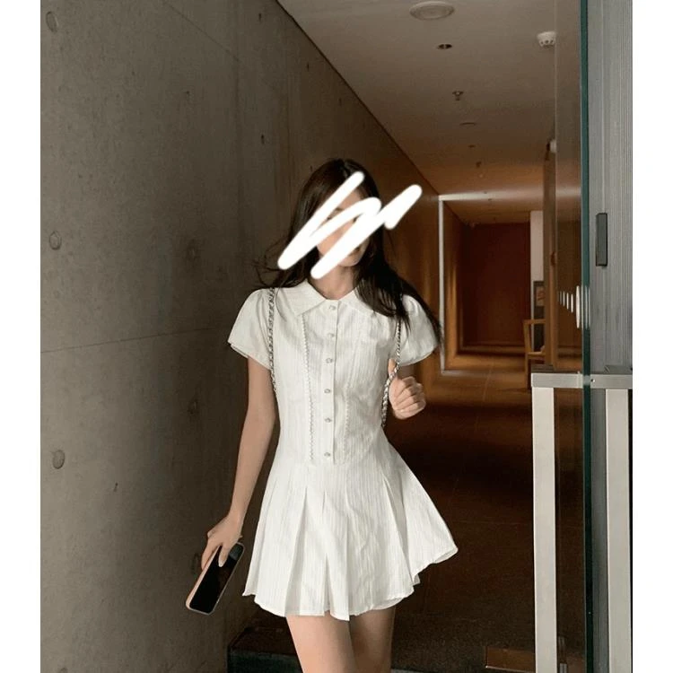 学院风白色泡泡袖衬衫连衣裙女夏季气质收腰小个子甜美短裙