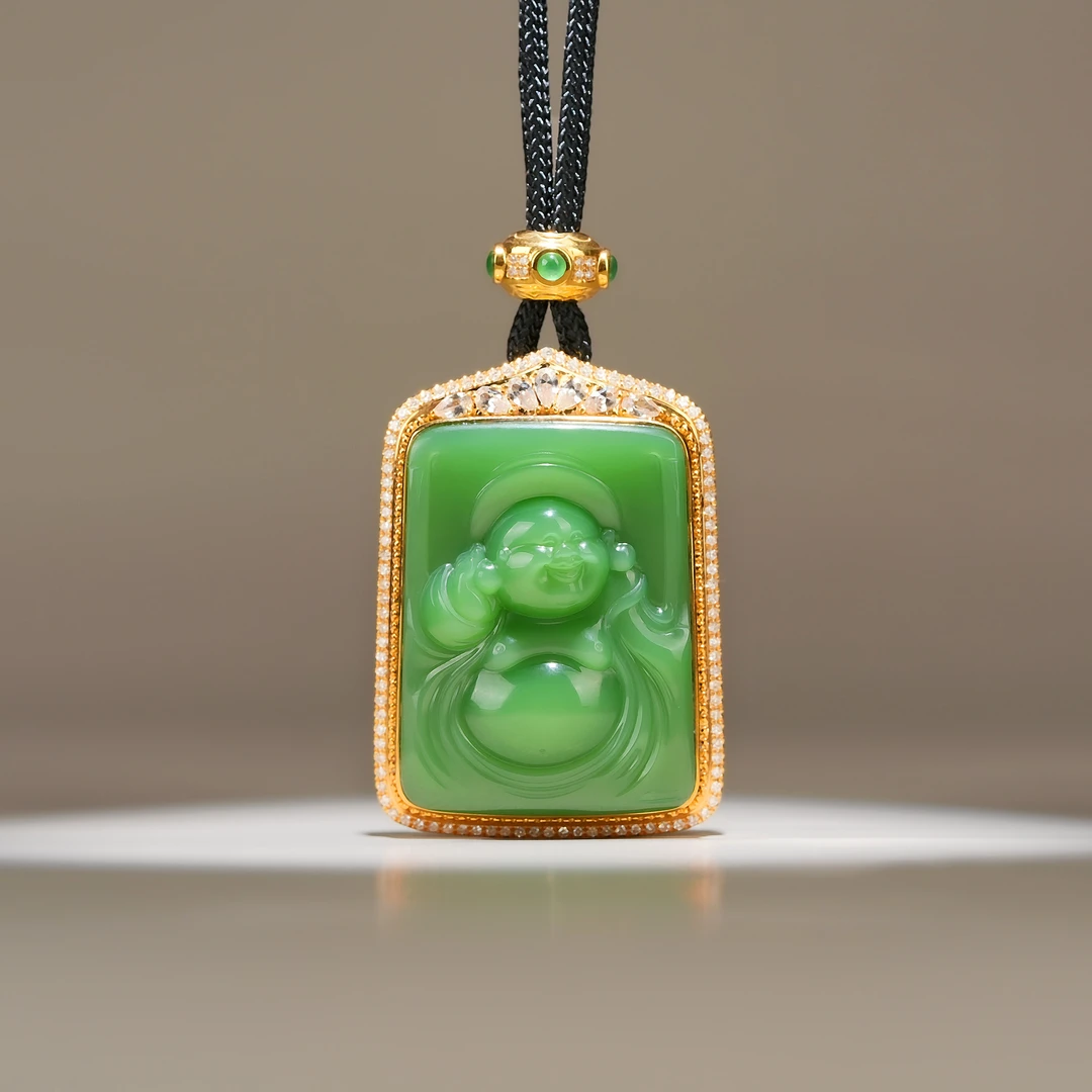 传世级 和田玉极致浓粉绿冰瓷粉逍遥佛 18K金 41*31*14mm± 孤品