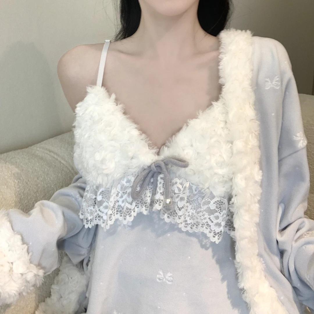 秋冬新款甜美纯欲少女感双面海岛绒带胸垫加厚可外穿三件套家居服