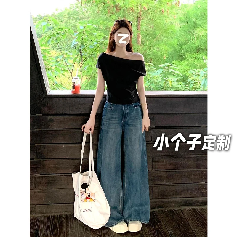 150小矮个子复古垂感牛仔裤女夏美式直筒阔腿裤高腰拖地裤xs显高