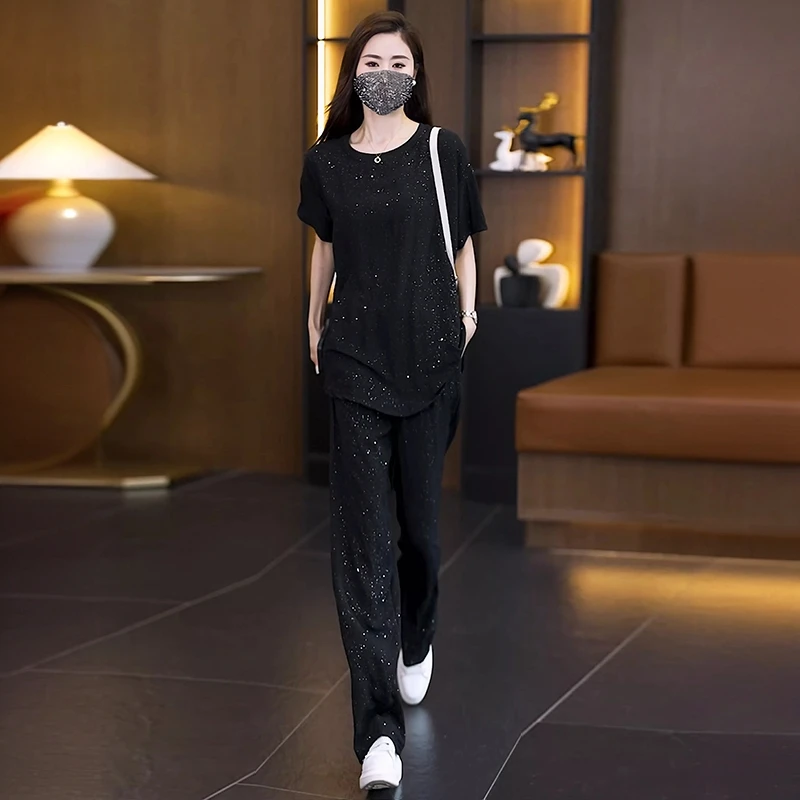 1564夏季时尚遮肚显瘦宽松亮闪闪套装 上衣以直播间为准（微透）