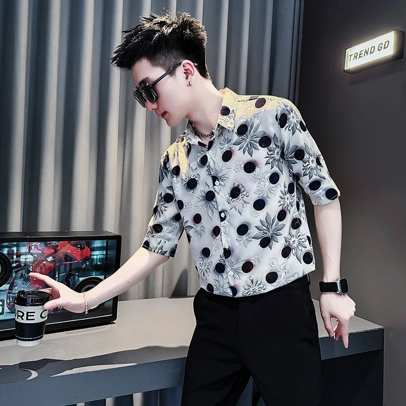 冰丝花衬衫男款夏季薄款2025新款高级感男生上衣痞帅男士短袖衬衣